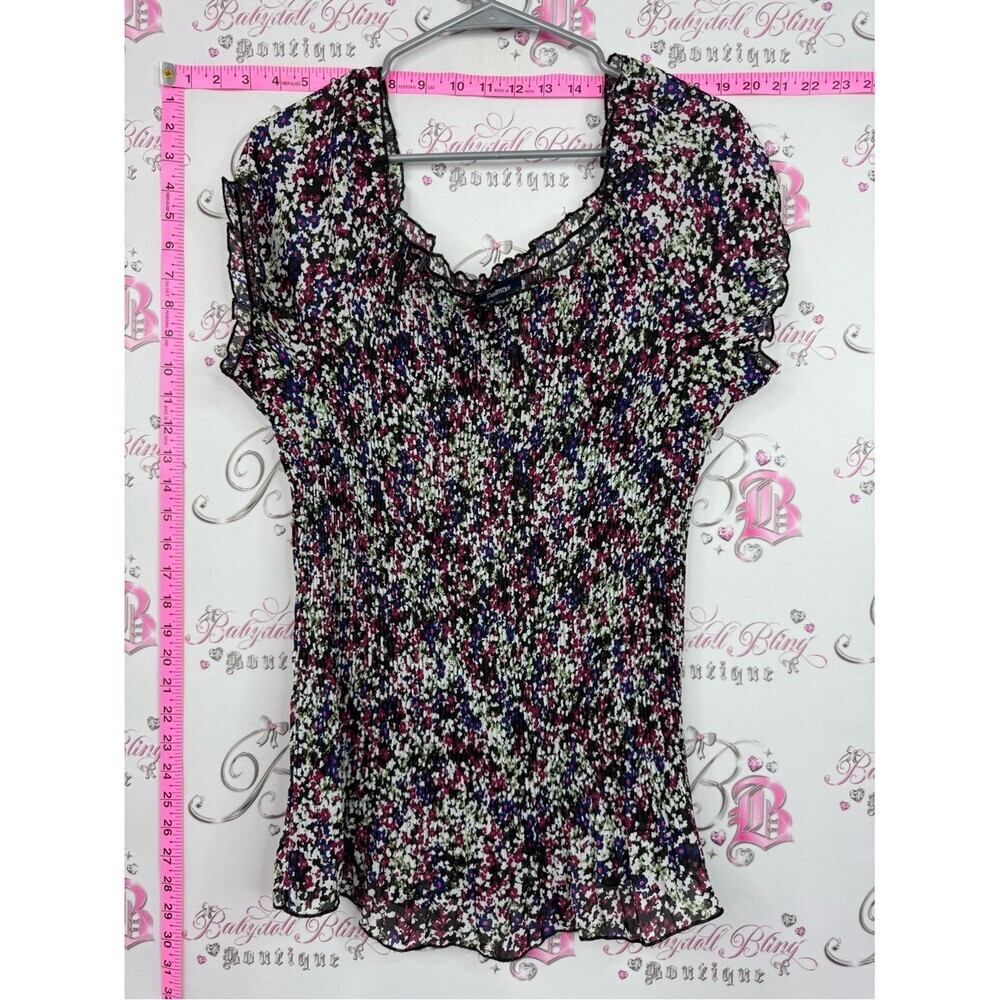 Reitmans Black White Pink Floral Smocked Short Sleeve Top